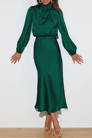 Women’s Long Sleeve Mock Neck Satin Formal Maxi Dress