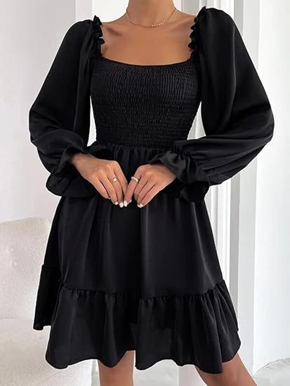 Women’s Square Neck Smocked Lantern Sleeve Mini Dress