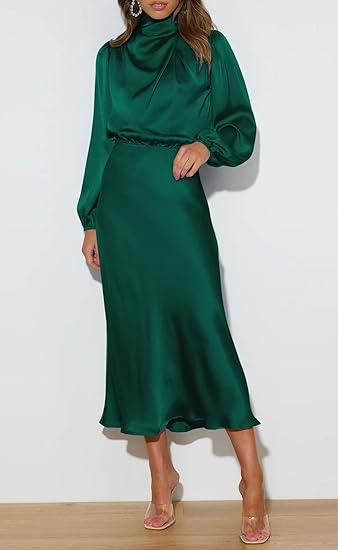 Women’s Long Sleeve Mock Neck Satin Formal Maxi Dress