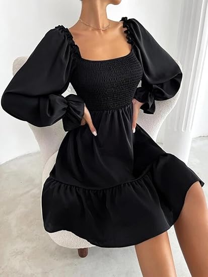 Women’s Square Neck Smocked Lantern Sleeve Mini Dress