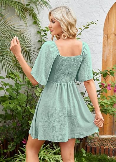 Women’s Deep V Neck Tie Front Mini Dress with Puff Sleeves
