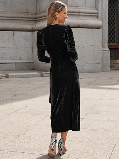 Women’s Velvet V-Neck Puff Sleeve Maxi Dress