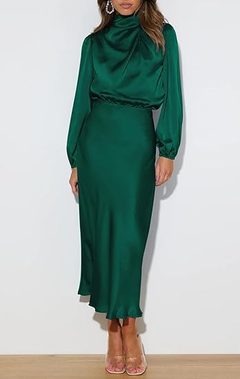 Women’s Long Sleeve Mock Neck Satin Formal Maxi Dress