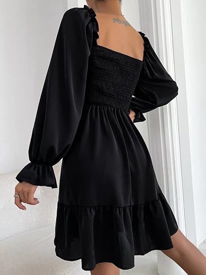 Women’s Square Neck Smocked Lantern Sleeve Mini Dress