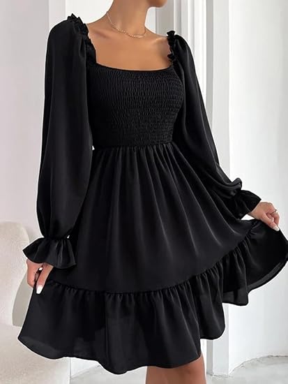 Women’s Square Neck Smocked Lantern Sleeve Mini Dress