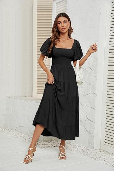 Square Neck Floral Tiered Boho Maxi Dress