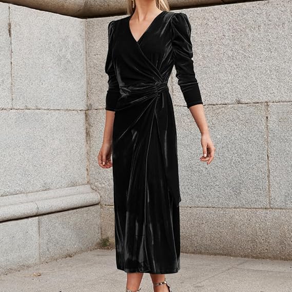 Women’s Velvet V-Neck Puff Sleeve Maxi Dress