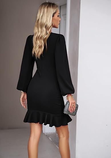 Women’s Fall Long Sleeve Lantern Sleeve Ruched Bodycon Mini Dress