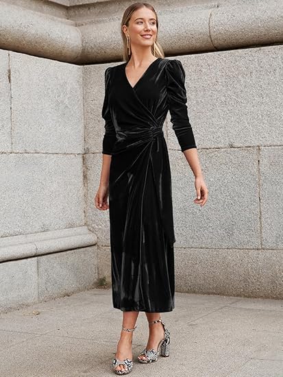 Women’s Velvet V-Neck Puff Sleeve Maxi Dress