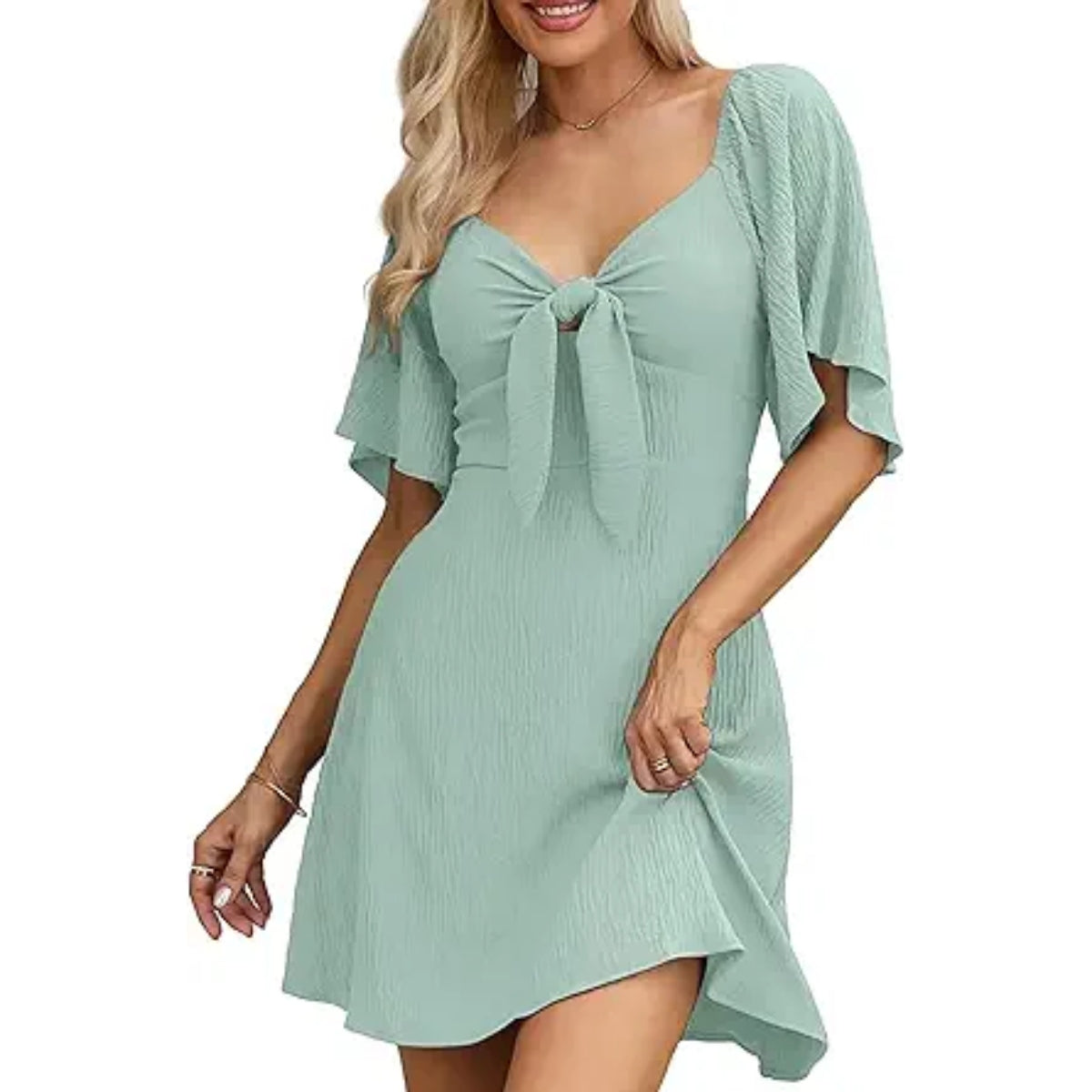 Women’s Deep V Neck Tie Front Mini Dress with Puff Sleeves
